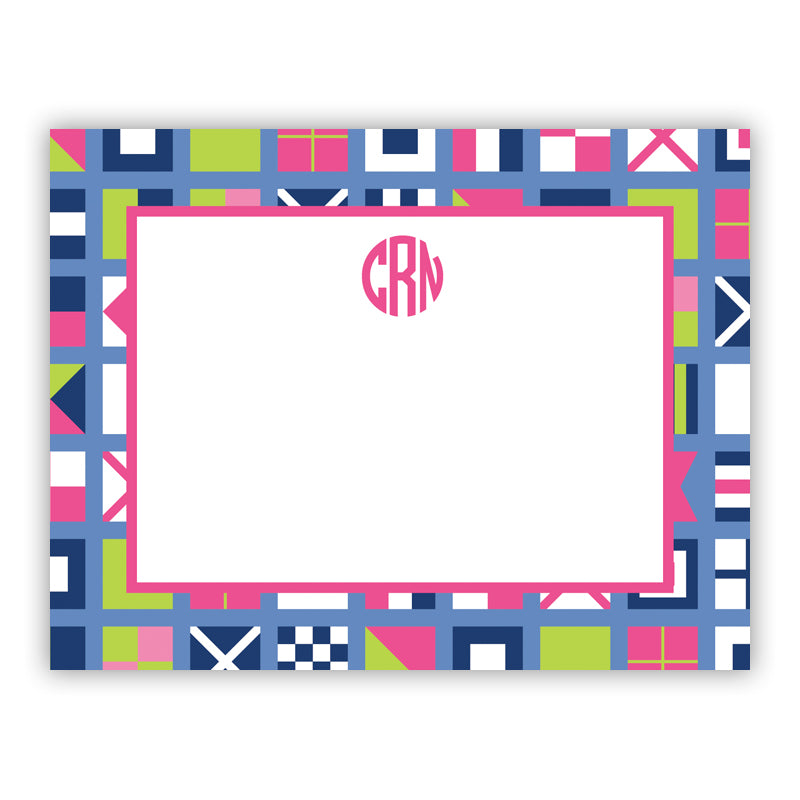 Personalized Flat Note Cards Nautical Flags Pinks - Boatman Geller