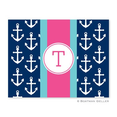 Personalized Folded Note Cards Anchors Ribbon Navy - Boatman Geller