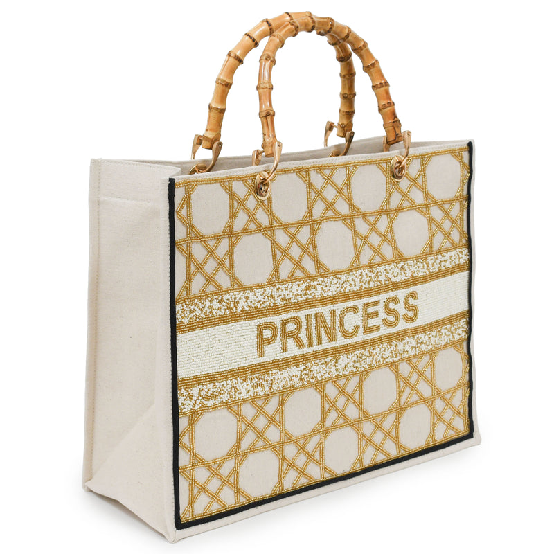 Madeleine Tote - Gold Cane on White