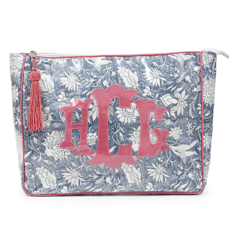 Block Print Monogram Travel Case - Indigo | Fuchsia