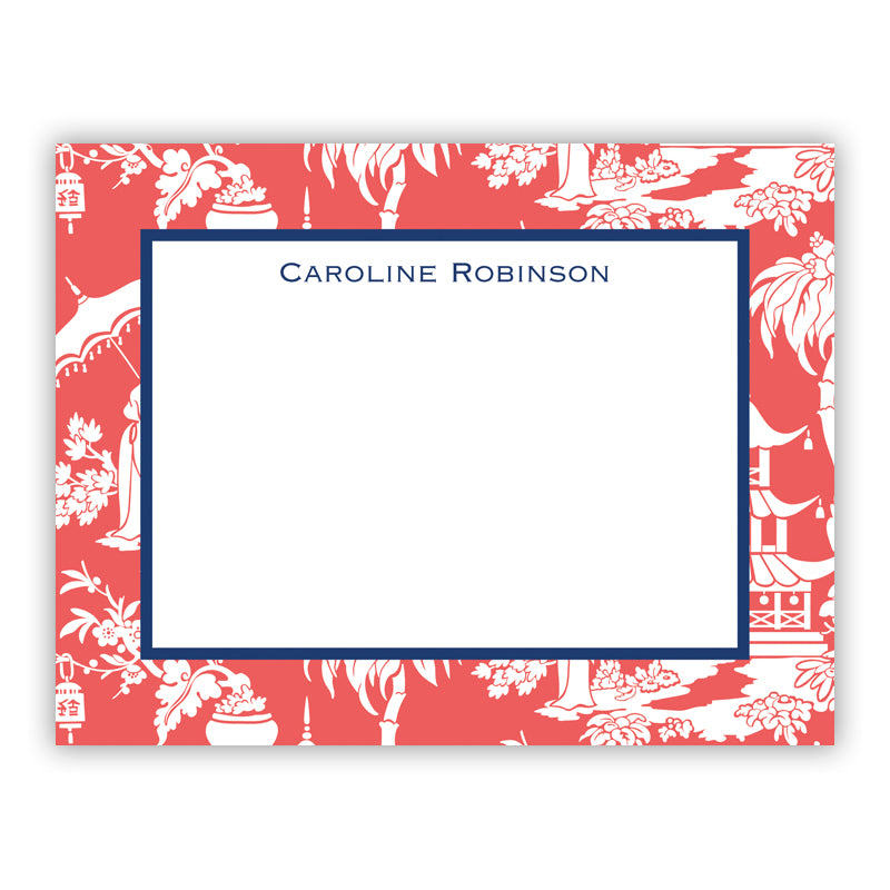 Personalized Flat Note Cards Pagoda Garden Coral - Boatman Geller