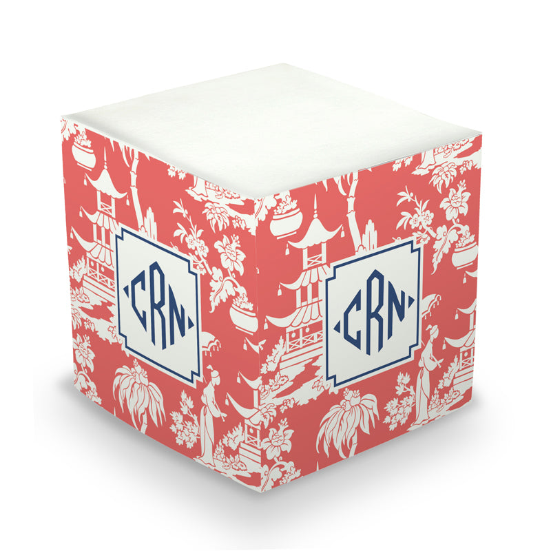 Monogram Sticky Memo Cube - Pagoda Garden Coral by Boatman Geller