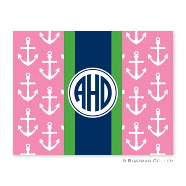 Personalized Folded Note Cards Anchors Ribbon Pink - Boatman Geller