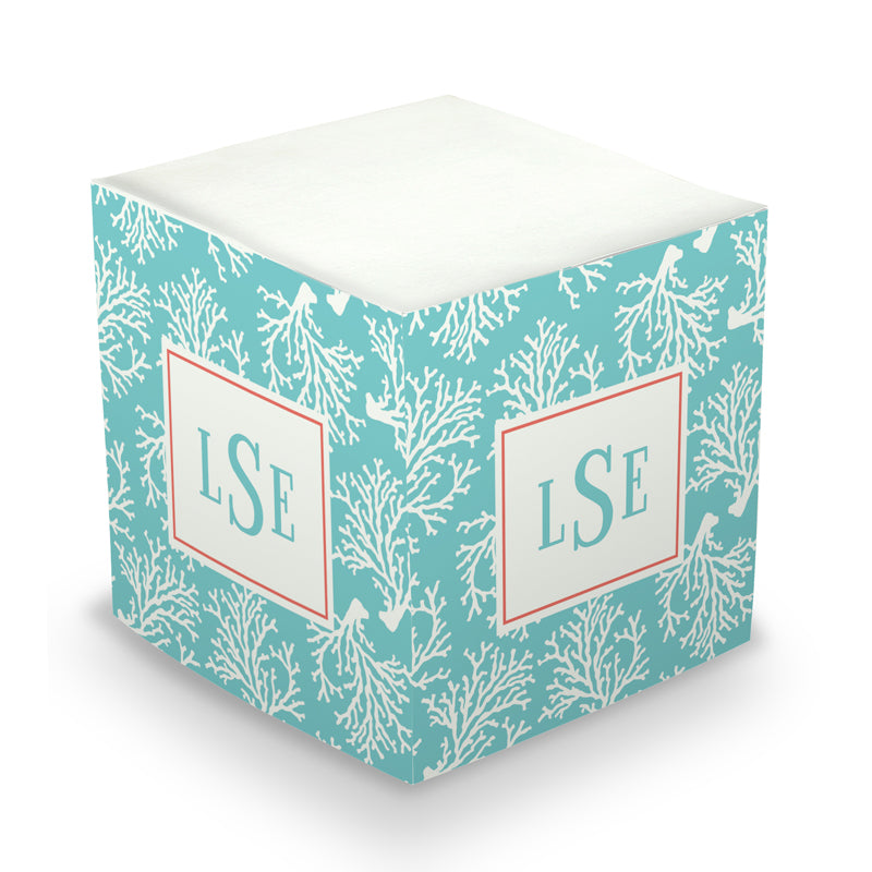 Monogram Sticky Memo Cube - Coral Repeat Teal - Boatman Geller