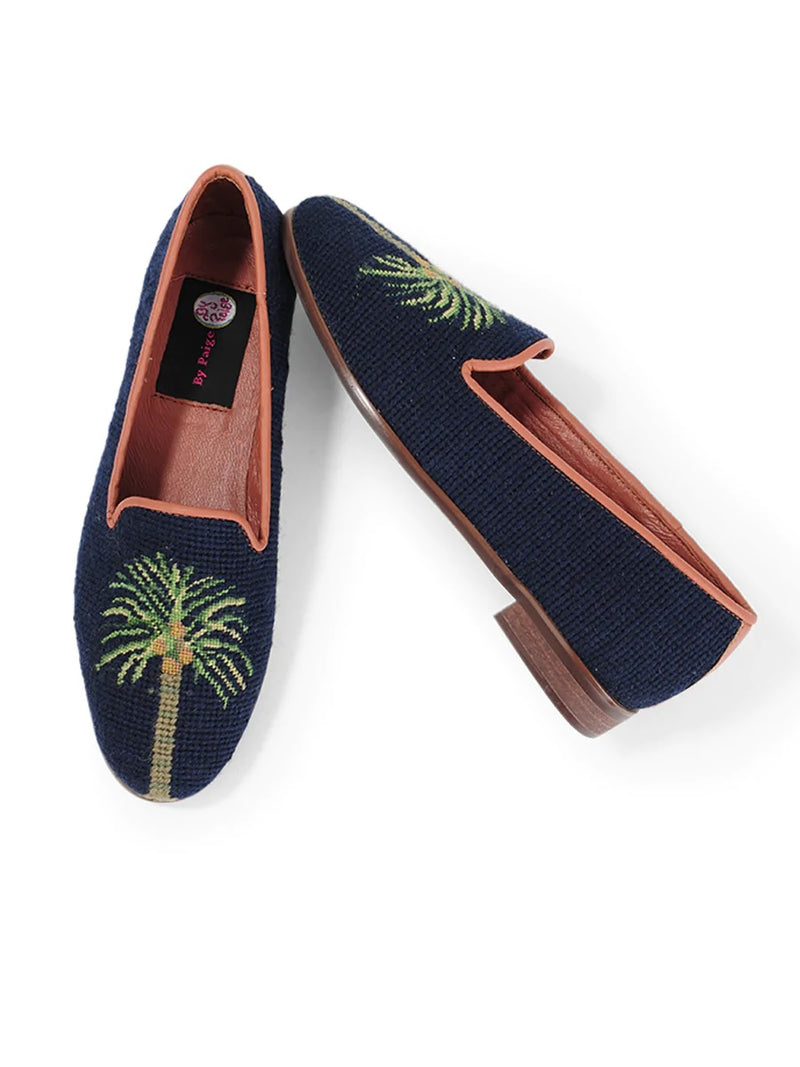 Palm on Navy Ladies Needlepoint Loafer - By Paige