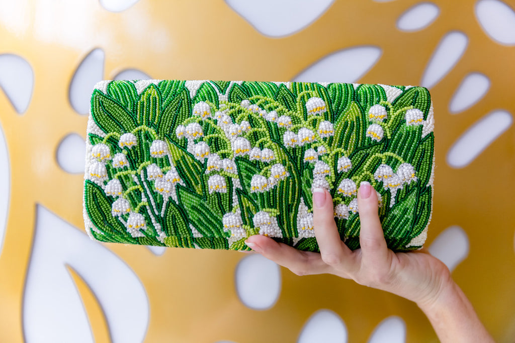 Half Barrel Beaded Monogram Clutch - Lilly of the Valley