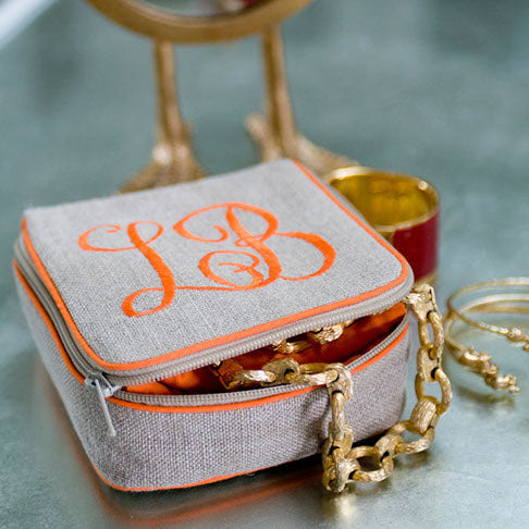 Monogrammed Linen Jewelry Case, personalized jewelry round