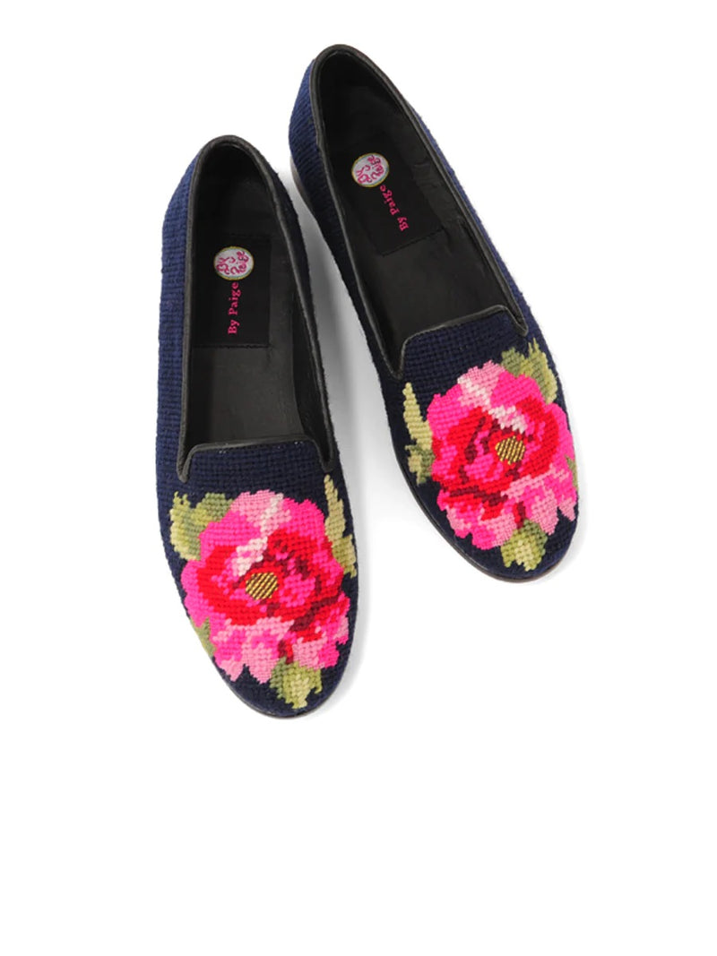 Peony on Navy Ladies Needlepoint Loafer - By Paige